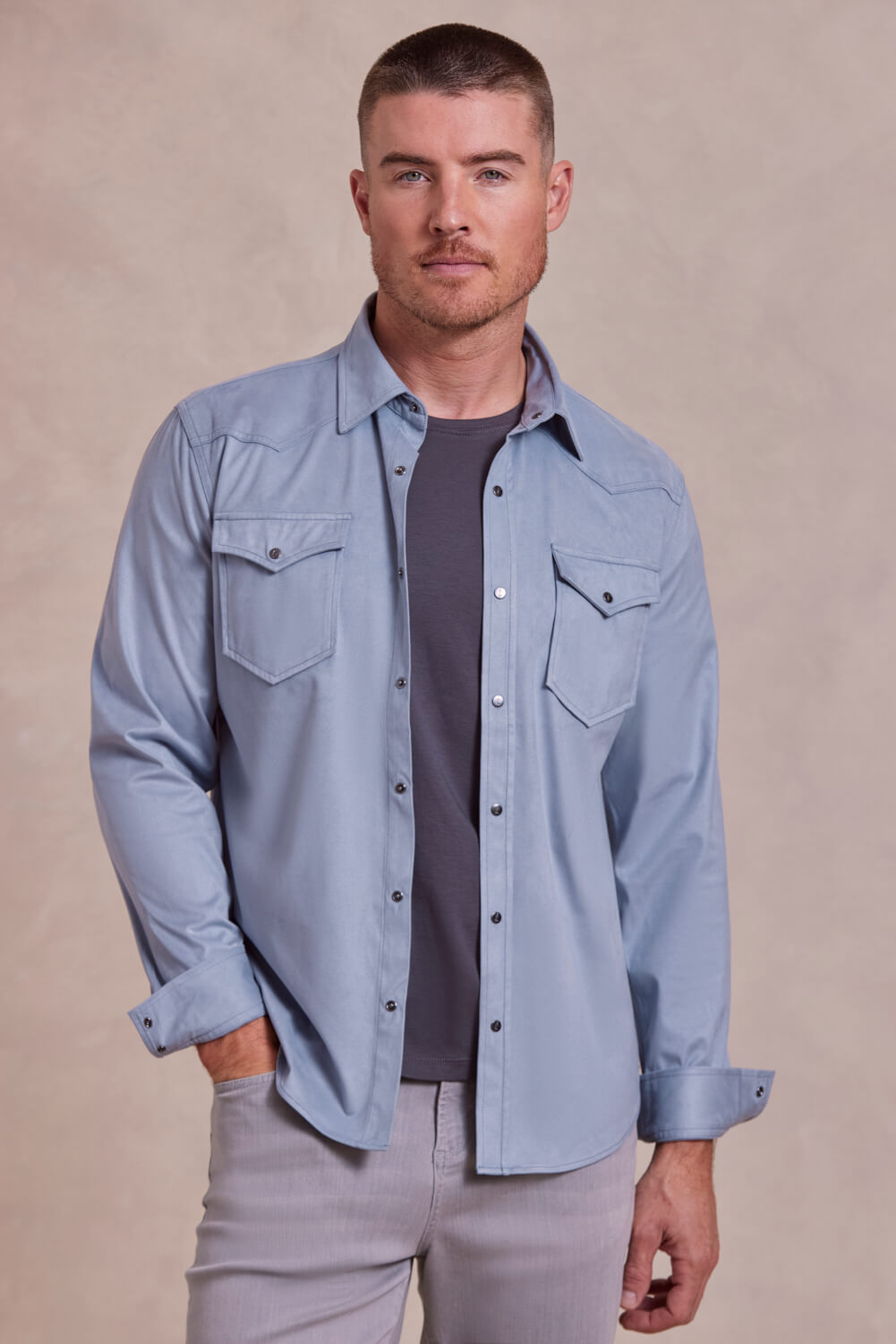 The Wyatt Lite - Feather Weight Microsuede Shirt Jacket - Mist Blue